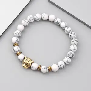 8mm Natural White Turquoise Alloy leopard head Elastic handmade Bracelet Yoga Beads Bracelet Bracelet Men and Women