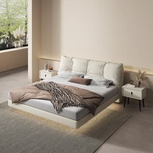 Lit Yisi moderne de luxe avec <span class=keywords><strong>dossier</strong></span> en cuir souple <span class=keywords><strong>suspendu</strong></span>, cadre en <span class=keywords><strong>bois</strong></span> massif, taille Queen/King, sommier en acier inoxydable - Product Image 3