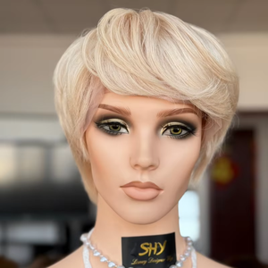 SHY HAIR Pelucas de <span class=keywords><strong>Cabello</strong></span> Humano con Corte Pixie <span class=keywords><strong>Corto</strong></span>, Listas para Enviar, 8 Pulgadas, Rubio Natural, Nudos Individuales, Pelucas de Encaje con Corte Pixie 5.0 - Product Image 1