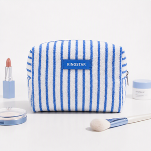 Bolsa de Maquillaje de Tela de Rizo con Rayas Azules y Logotipo Personalizado, Bolsa Cosmética con Cierre, Organizador de Artículos de Aseo, <span class=keywords><strong>Kit</strong></span> de Cuidado de la Piel para Viaje, Neceser para Mujer - Product Image 2