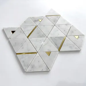 Gold Metal Brass Inlay White Marble Mix Brass Inlay Waterjet Triangle Mosaic Tiles White