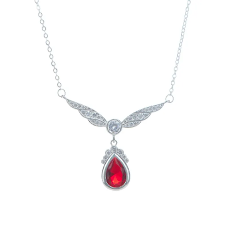 Red Tear Shape Necklace Original Design Jewelry Accessory Vintage Short Chain Wings for Women Party Zircon 925 Sterling Silver