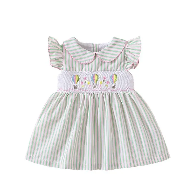 Girls Summer Clothes Cartoon Smocked Dress For Baby Party Girls Cotton Green Striped Embroidered Princess Dress Skirt