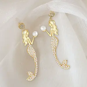 2022 New Trend fashion jewelry 18k gold diamond pearl Mermaid princess earring