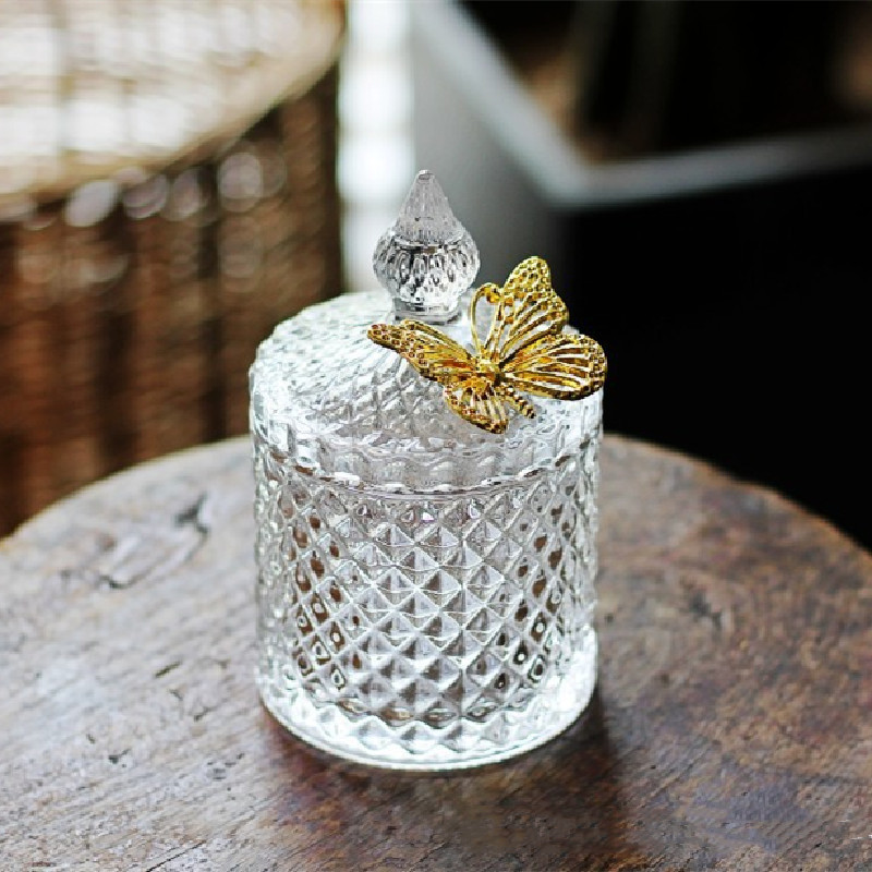 Round Empty Luxury Geo Cut Glass Candle Container with Glass Lid