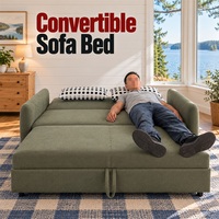 Sofa Tidur dengan Dua Bantal Sandaran Berbintik dan Platform Berlapis Kain Hijau yang Memanjang Melebihi Sandaran Tangan Samping