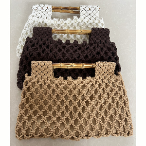 Bolso de Mano Tejido de Ganchillo Estilo Boho Chic con Asas de Bambú, Bolso Vintage para Vacaciones de Verano en la Playa - Product Image 6