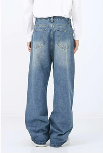 Jean en denim OEM pour homme, taille mi-haute, coupe large, bleu uni, style baggy, décontracté et ample - Product Image 2