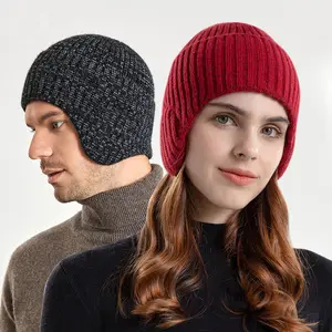 Gorro de lana con calavera para hombre y mujer, gorrito de lana gruesa y cálida suave para esquiar al aire libre, gorros de punto con orejeras para invierno