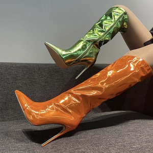 Bottines en cuir brillant néon pour femmes, automne et hiver, fermeture éclair latérale, décontractées, sexy, luxueuses, tendance, hauteur du mollet - Product Image 2