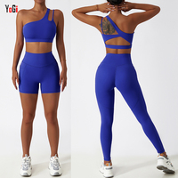 Ensemble de sport 3 pièces pour femmes respirant léger une épaule soutien-gorge taille haute Leggings Shorts avec poches Gym Fitness Apparel