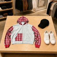 ZHILIAN Sudadera con capucha y cremallera completa, de tejido grueso, estilo urbano, con bolsillo canguro, diseño de patchwork a cuadros, Venta al por mayor, OEM, ODM, Marca privada