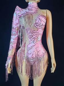 Vestido Sexy Ajustado de Spandex con Lentejuelas Brillantes y Flecos, de un Solo <span class=keywords><strong>Hombro</strong></span>, <span class=keywords><strong>para</strong></span> Cantantes, Bailarinas, Espectáculos y Fiestas de Cumpleaños - Product Image 1