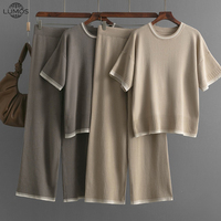Ensemble deux pièces tricoté Lumos pour femme, style décontracté d'été, patchwork color-block, haut à manches courtes et pantalon large coupe décontractée