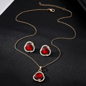 Set di Gioielli Multi-Cristallo per Donne, Collana e <span class=keywords><strong>Orecchini</strong></span> con Rubino Rotondo, Eleganti Accessori per Matrimoni e Feste - Product Image 1