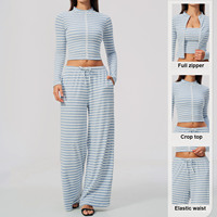 Ensemble de yoga 2 pièces pour femme : veste de course entièrement zippée et pantalon de sport à taille élastique avec cordon de serrage, jambes larges, tenue de fitness douce