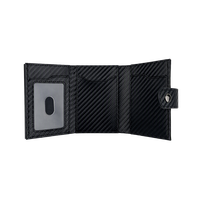 Dompet Pop Up Kulit PU Serat Karbon Kustom dengan Pelindung RFID, Tempat Kartu Aluminium Pop Up, dan Resleting