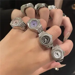 Fashion Punk Watch Ring Set Couple Mini Clock Retro Silver Stretch Watch Ring for Mens and Women