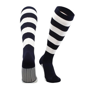 Chaussettes de football rayées mi-hautes pour adultes, respirantes, tricotées, motif bleu marine et blanc, style classique - Product Image 1