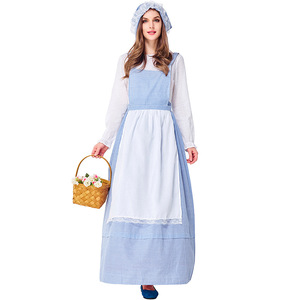 Robe <span class=keywords><strong>de</strong></span> demoiselle d'honneur à carreaux bleu ciel style fermière européenne et américaine XJ, <span class=keywords><strong>costume</strong></span> <span class=keywords><strong>de</strong></span> performance rural parent-enfant - Product Image 4