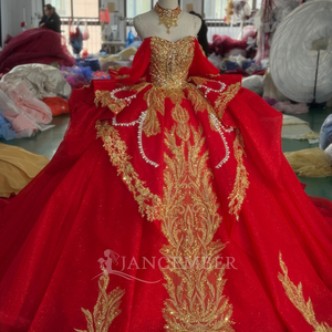 Robe de Quinceañera Xs281 rouge et or brodée, corset cœur, robe de bal en tulle bouffant pour la boutique Jancember - Product Image 3
