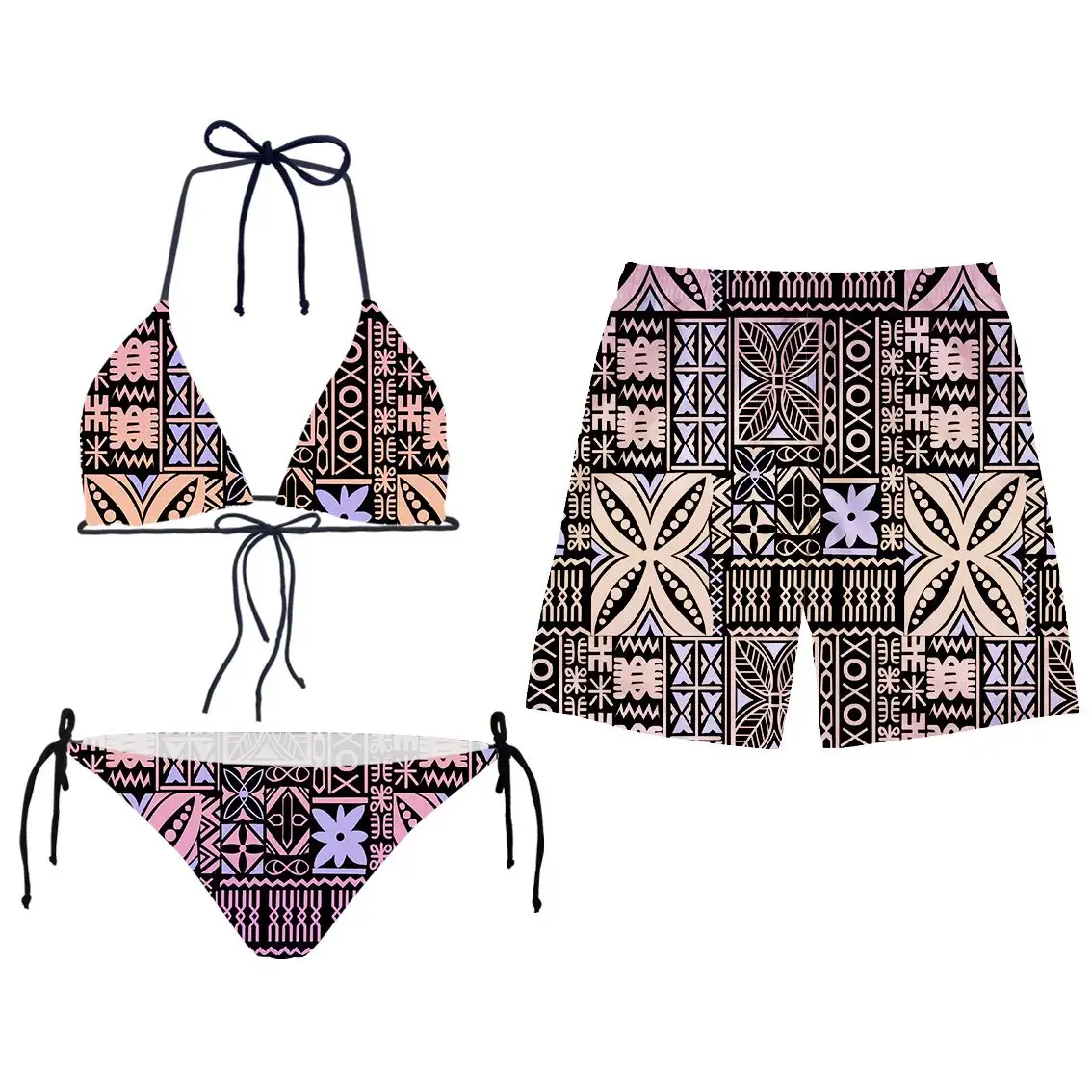 2022 Women Swimwear Polynesia Tribal Design Custom Women Swimwear Cheap 2 pieces Set Beach Wear Women Swimwear Match Men Short