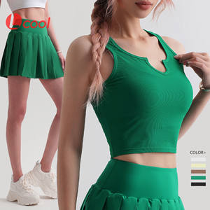 Lcool Rib Crop Top Chaleco de yoga Vestido deportivo Falda plisada Ropa atlética para mujer Conjunto de falda de tenis - Product Image 1
