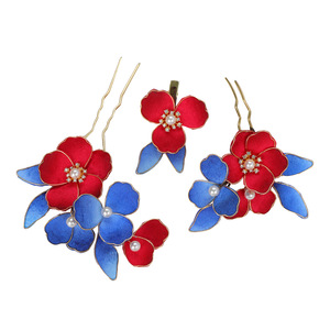 Nouvelle Épingle à Cheveux Style Antique 2025 au Design Original, Fleur Faux Cloisonné avec Fleurs Rouges et Bleues, Faite à la Main et Enroulée de Fil - Product Image 5