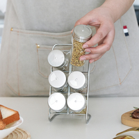 Ensemble unique de petits pots à épices en verre avec 4 pneus, support en acier inoxydable, couvercle en métal, pot d'assaisonnement