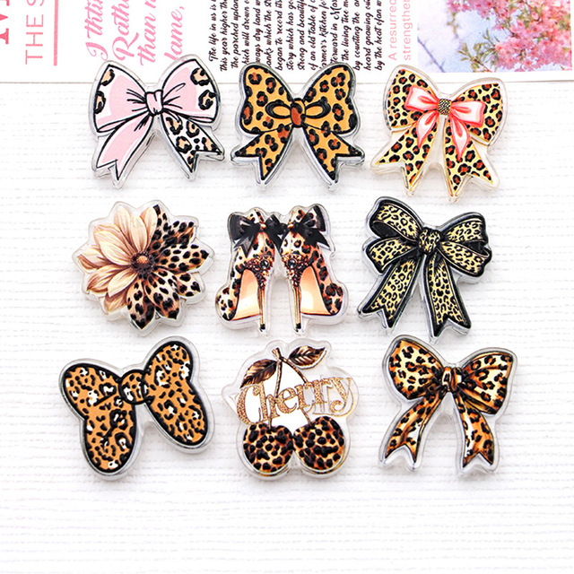 New Style Cartoon Leopard Print Bowknot Acrylic Focal Beads Double Sided Printed Charms for Pen Making
