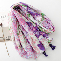 Nouveau violet vif fleur bronzant motif coton sentiment écharpes châles de plage dames imprimé fleuri écharpe châle frange Hijabs