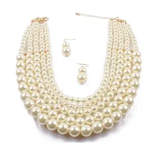 Luxury High Quality Imitation Cream Pearl Making 5 Strands Statement Necklace And Dangled Earrings Women Jewelry Sets
