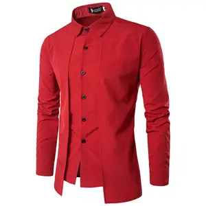 남자 새로운 도착 코트 스타일 긴 소매 셔츠 탑 라펠 칼라 거짓 두 조각 셔츠 버튼 단색 캐주얼 셔츠