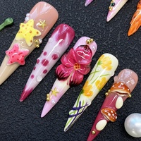 Faux ongles portables design ballerine, faits main, fleurs 3D sculptées, peints à la main, en gel, à presser pour le nail art