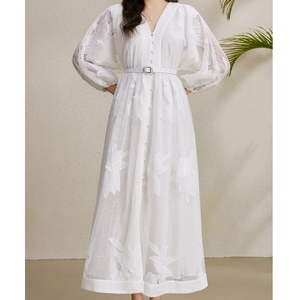 Robe à manches lanterne à col en V avec broderie creuse pour femmes <span class=keywords><strong>de</strong></span> luxe léger 2025 nouvelle jupe longue à simple boutonnage - Product Image 4