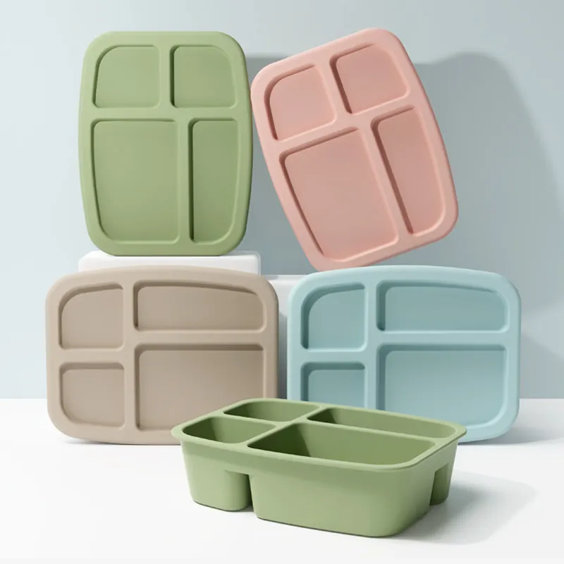 Saf silikon 4 bölmeli yemek kutusu gıda konteyner sızdırmaz Bento yemek kabı seti çocuklar için