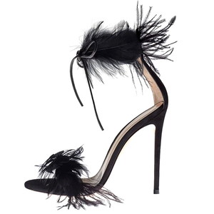 Nouvelles sandales sexy à talons hauts avec lanière à la cheville en plumes et fourrure, chaussures habillées à talons aiguilles en plumes d'autruche pour femmes - Product Image 5