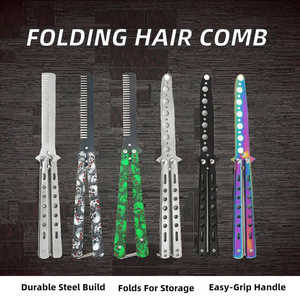 Utensilios de <span class=keywords><strong>Barber</strong></span>ía para Práctica en Salón y Hogar: Peine de Entrenamiento con Cuchilla Giratoria Tipo Mariposa Balisong Plegable Mackayhairtools - Product Image 2