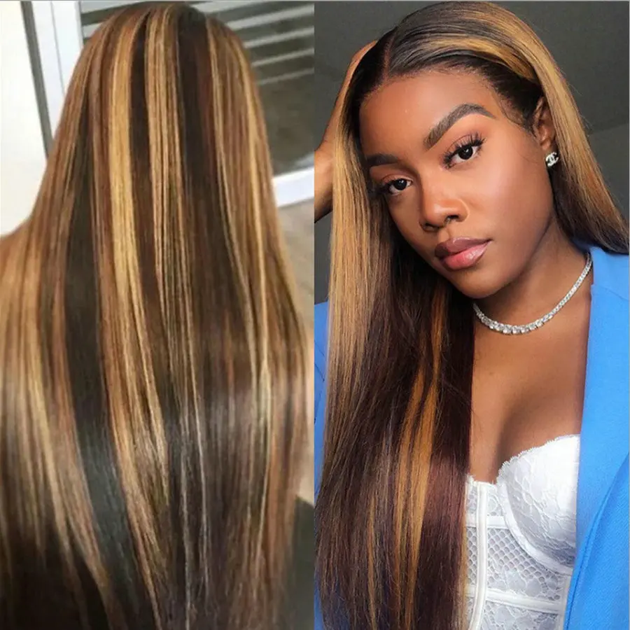 Cheap Middle Part Long Straight Front Lace Brown Mixed Blonde Ombre Wigs For Black Women Fiber Wigs Synthetic Highlight Hair Wig