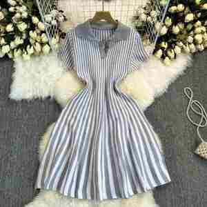 Maxfree Striped Knitted Polo Neck A-Line Midi <b>Dress</b> Short Sleeve Casual Summer <b>Dress</b> Breathable Regular Fit - Product Image 3