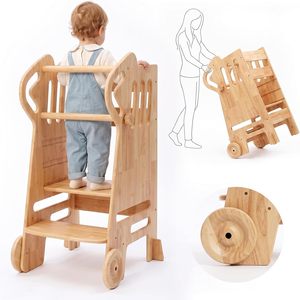 Toddler Tower with Wheels Adjustable Height Learning Natural Solid Wood <b>Step</b> <b>Stool</b> Full Safety Rails - Product Image 1