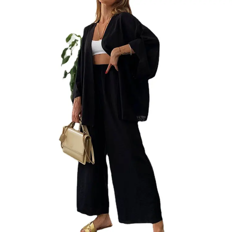 Женский хлопковый и льняной костюм-двойка, Кардиган с длинным рукавом, блузка, широкие брюки, Свободный Повседневный комплект из двух предметов
