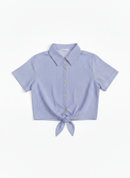 Chemisier court chic rayé en polyester respirant pour femme, à manches courtes, boutonné sur le devant, avec ourlet à nouer, idéal pour un look décontracté quotidien