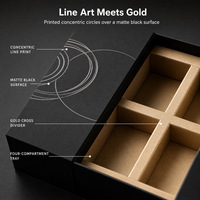 Boîte cadeau rigide personnalisée à double porte, noir mat avec ligne argentée et plateau à quatre compartiments doré, pour bijoux et cosmétiques