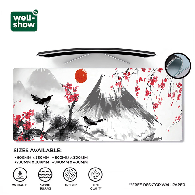 Large Watercolor Japanese Design Gaming Mouse Pad 31.5\" X 11.8\" Scratch-Proof Desk Mat Non-Slip Base Stitched Edge for Home PC