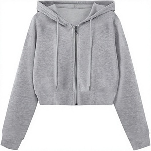 Women's <b>Cropped</b> <b>Zip</b>-<b>Up</b> Hoodie French Terry Fleece Casual Hooded Sweatshirt - Product Image 1