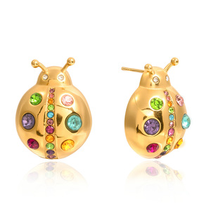 Pendientes de Mariquita con Circonitas de Colores, Chapados en Oro de 18K, Acero Inoxidable, Diseño de Insecto, Joyería para Uso Diario - Product Image 5