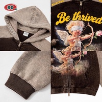 Sweat à capuche zippé avec imprimé Angel Cupid, blocs de couleur, logo personnalisé, coton et polyester délavé, coupe oversize, style vintage Hip Hop Y2K, OEM