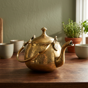 <b>Vintage</b> Brass Tea Pot With Lid And Handle Floral Engraved Design Water Pots <b>Kettle</b> Metal Decorative Kitchenware - Product Image 4