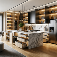Système d'armoires de cuisine modernes de luxe sur mesure, grand îlot cascade en marbre, armoires modulaires en bois, laque et verre, solution tout-en-un